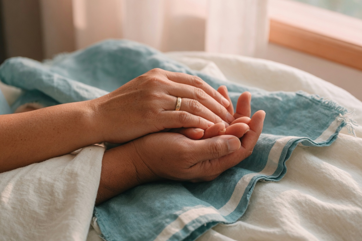 Family hands held in care on soft linen at home