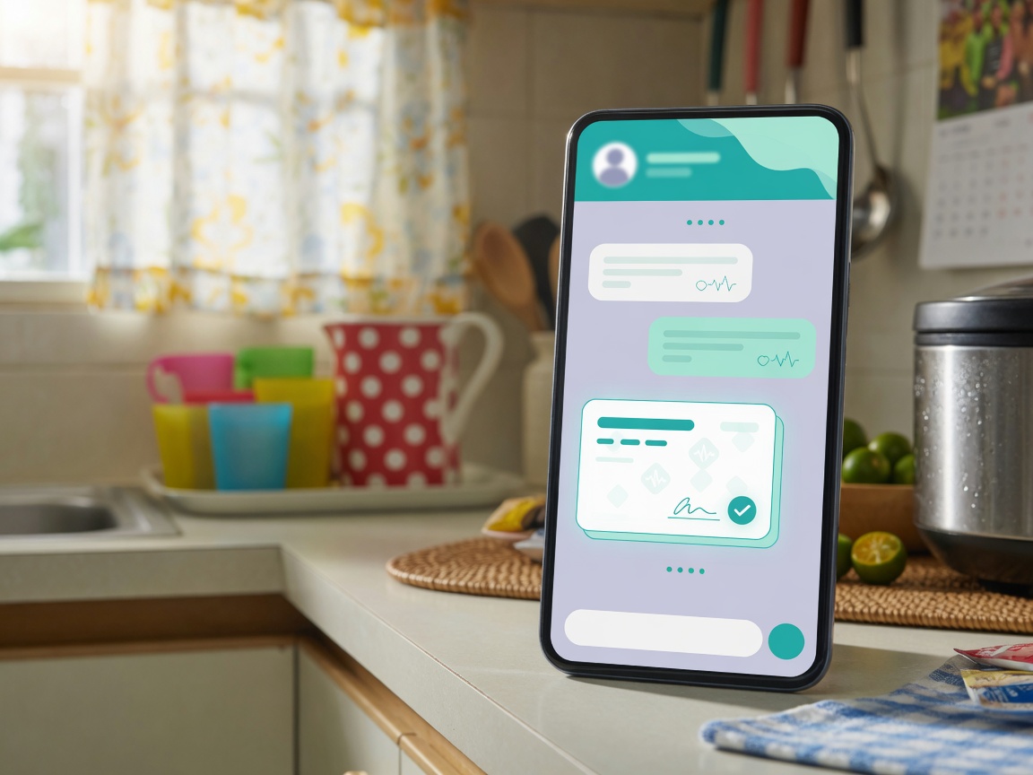 Smartphone showing a digital consultation and e-prescription card in a home kitchen