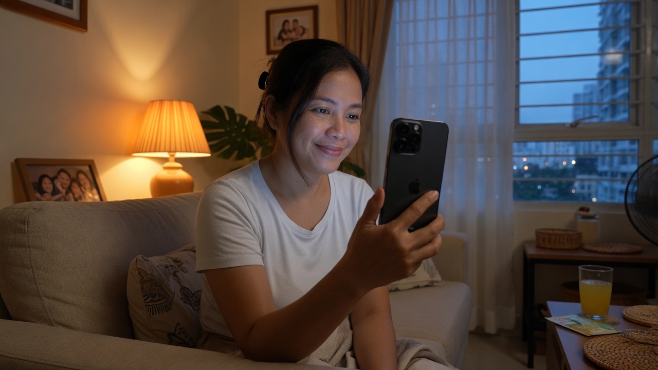 Filipino patient at home looking at her phone during an evening telehealth consultation