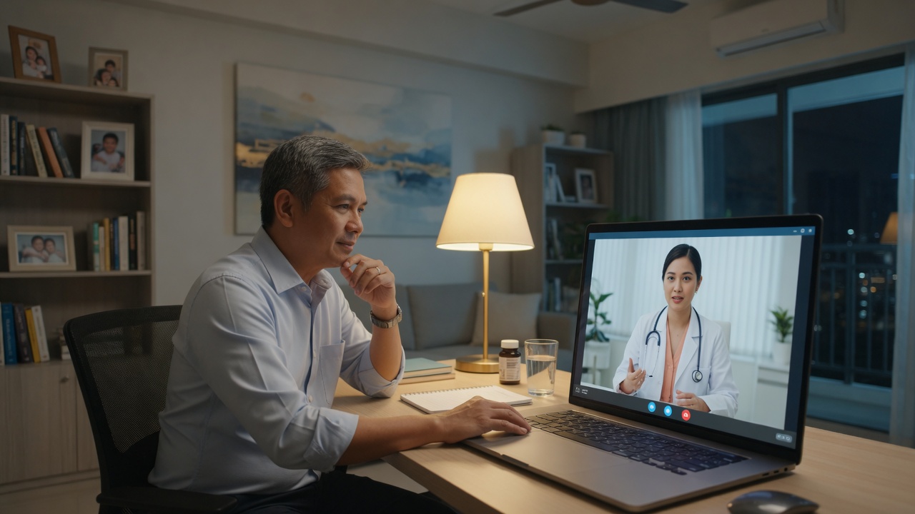 Patient on a late-evening laptop video consult with a physician